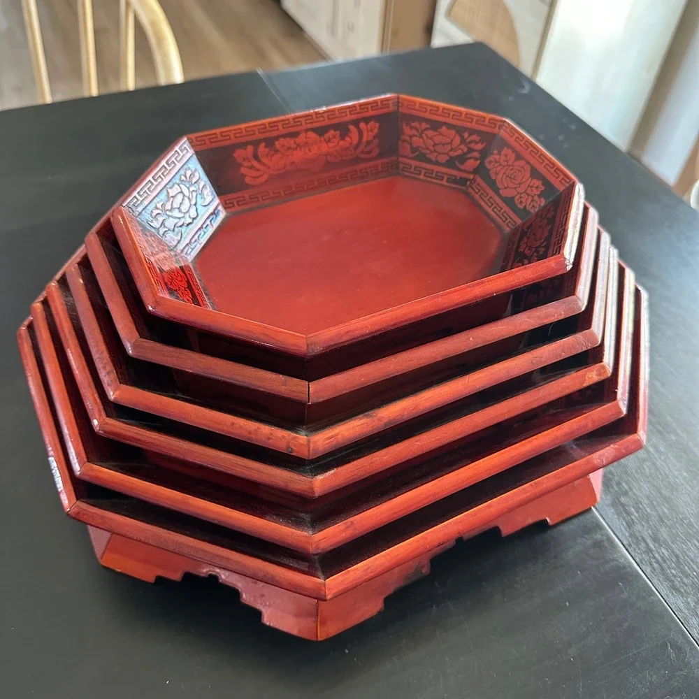 VTG Korean Red Lacquer Nesting Trays 6pc Set Octagon Carved Floral Asian Decor
